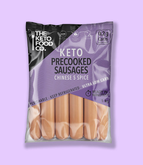 Pack of keto precooked sausages with packaging on a purple background