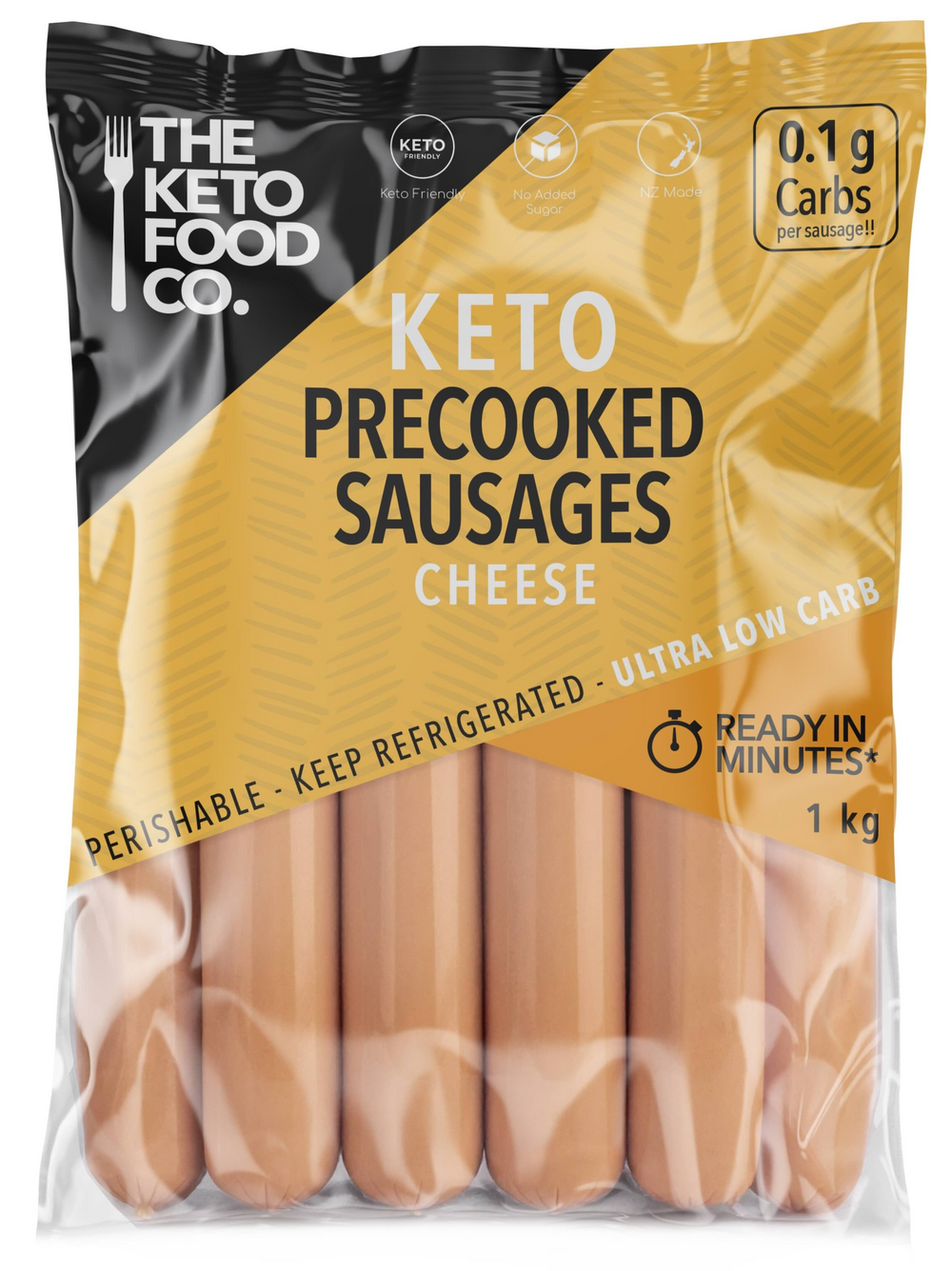 Package of Keto precooked sausages from The Keto Food Co. on a white background