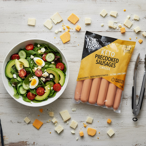 Keto precooked sausages package with a salad and cheese on a wooden surface